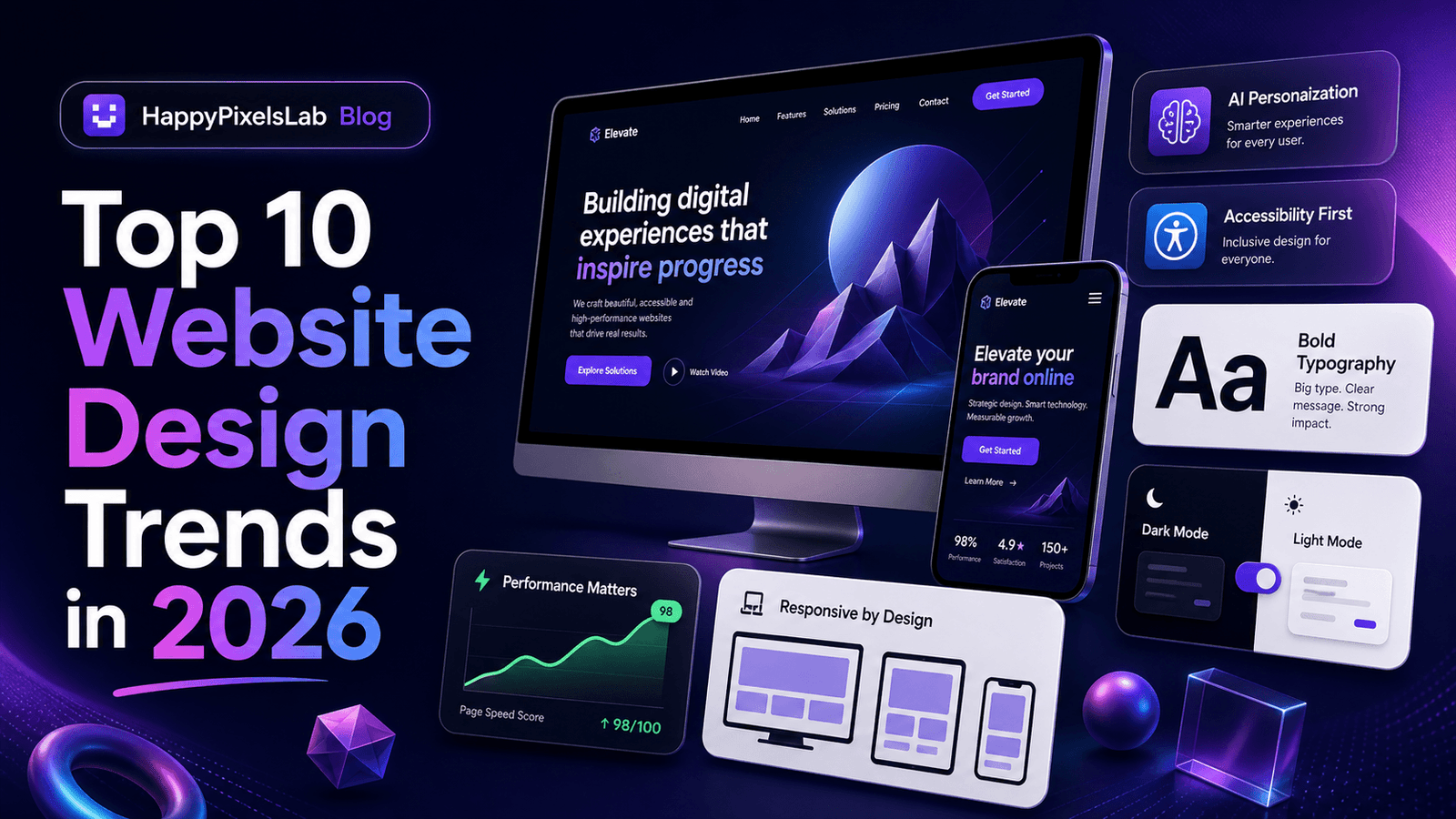 Top 10 website design trends in 2026 with modern website layouts, AI design elements, bold typography, mobile screens, gradients, and conversion-focused UI
